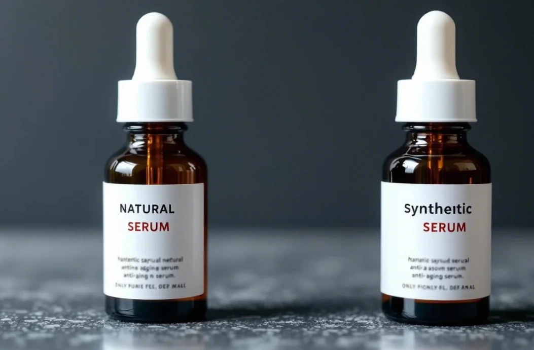 One bottle represents natural serum, the other synthetic formula.
